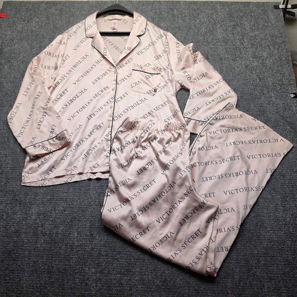 Victoria's Secret Pajama Set Large Pink Satin Logo Print Button Up Pants 2PC